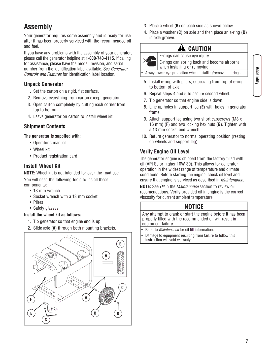 Briggs & Stratton 206494GS manual Assembly, Unpack Generator, Shipment Contents, Install Wheel Kit, Verify Engine Oil Level 