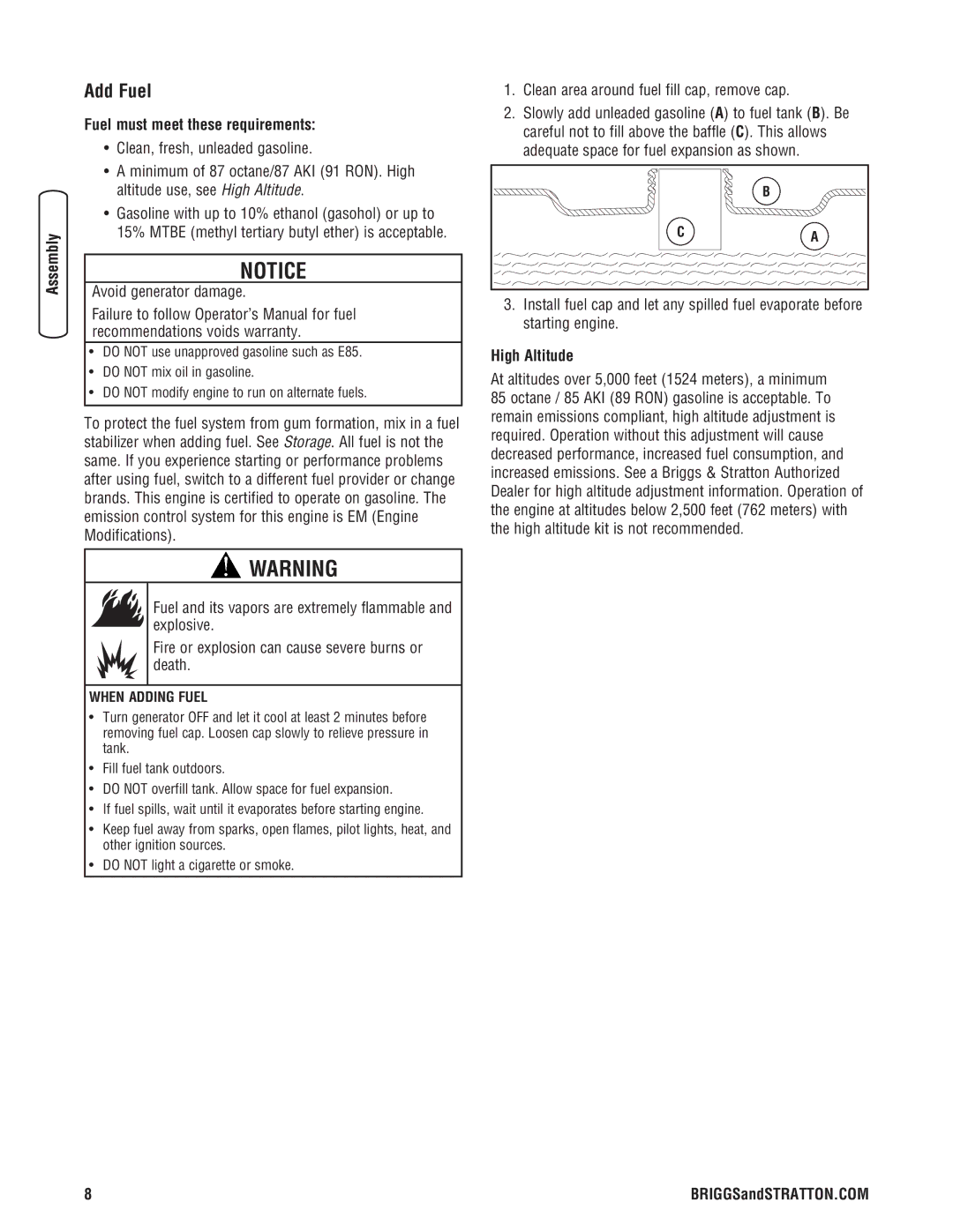 Briggs & Stratton 206494GS manual Add Fuel, Fuel must meet these requirements, Clean area around fuel fill cap, remove cap 