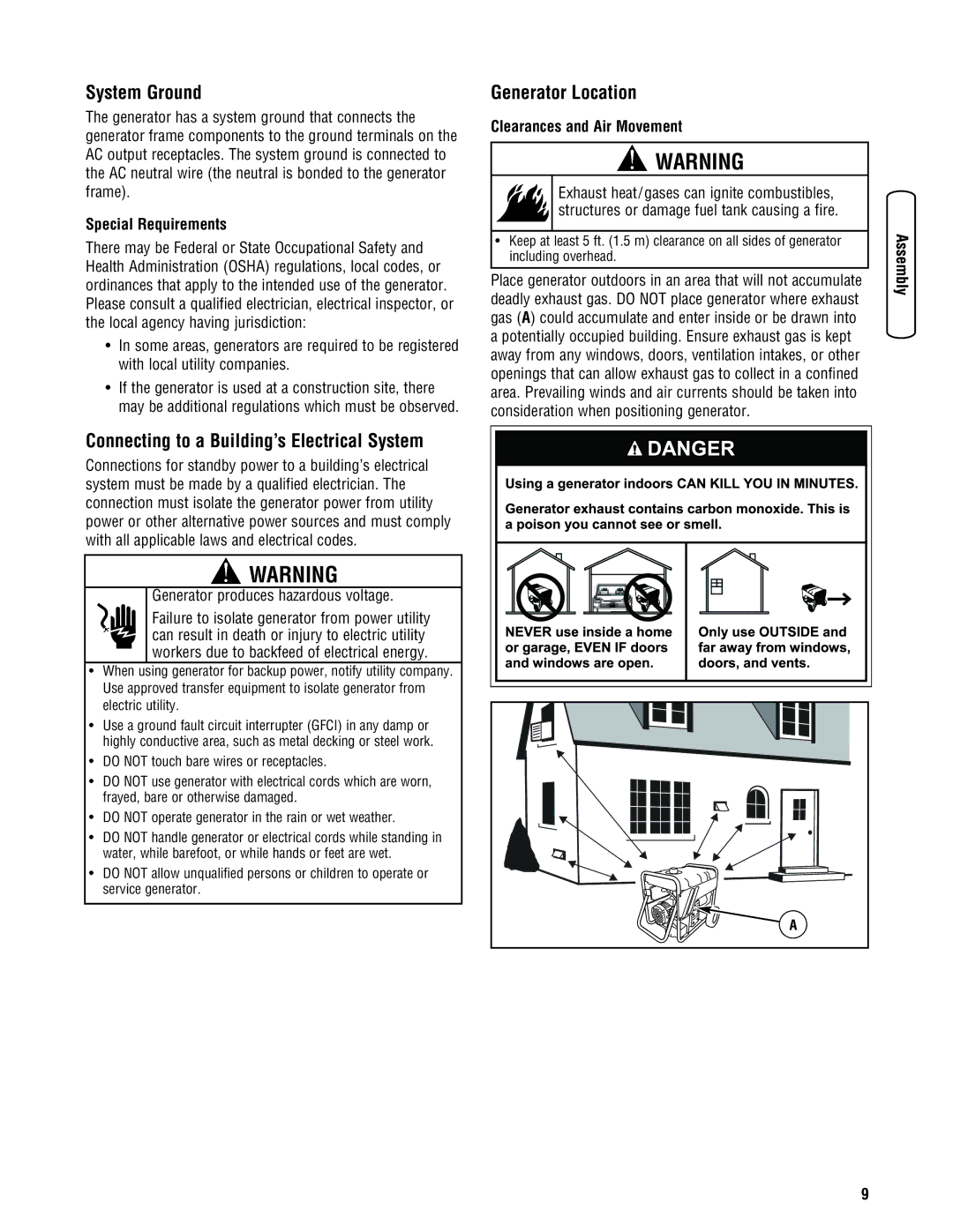 Briggs & Stratton 206494GS manual System Ground, Connecting to a Building’s Electrical System, Generator Location 