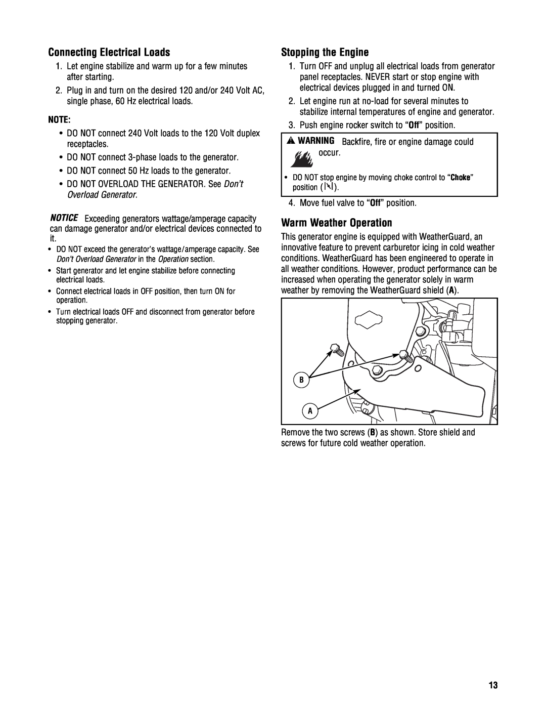 Briggs & Stratton 209443gs manual Connecting Electrical Loads, Stopping the Engine, Warm Weather Operation 