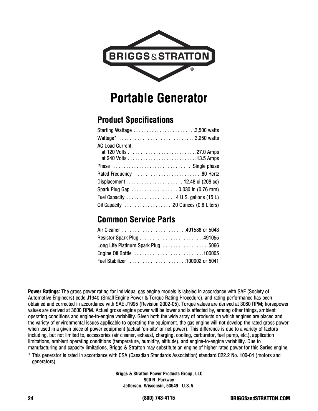 Briggs & Stratton 209443gs manual Product Specifications, Common Service Parts, Portable Generator 