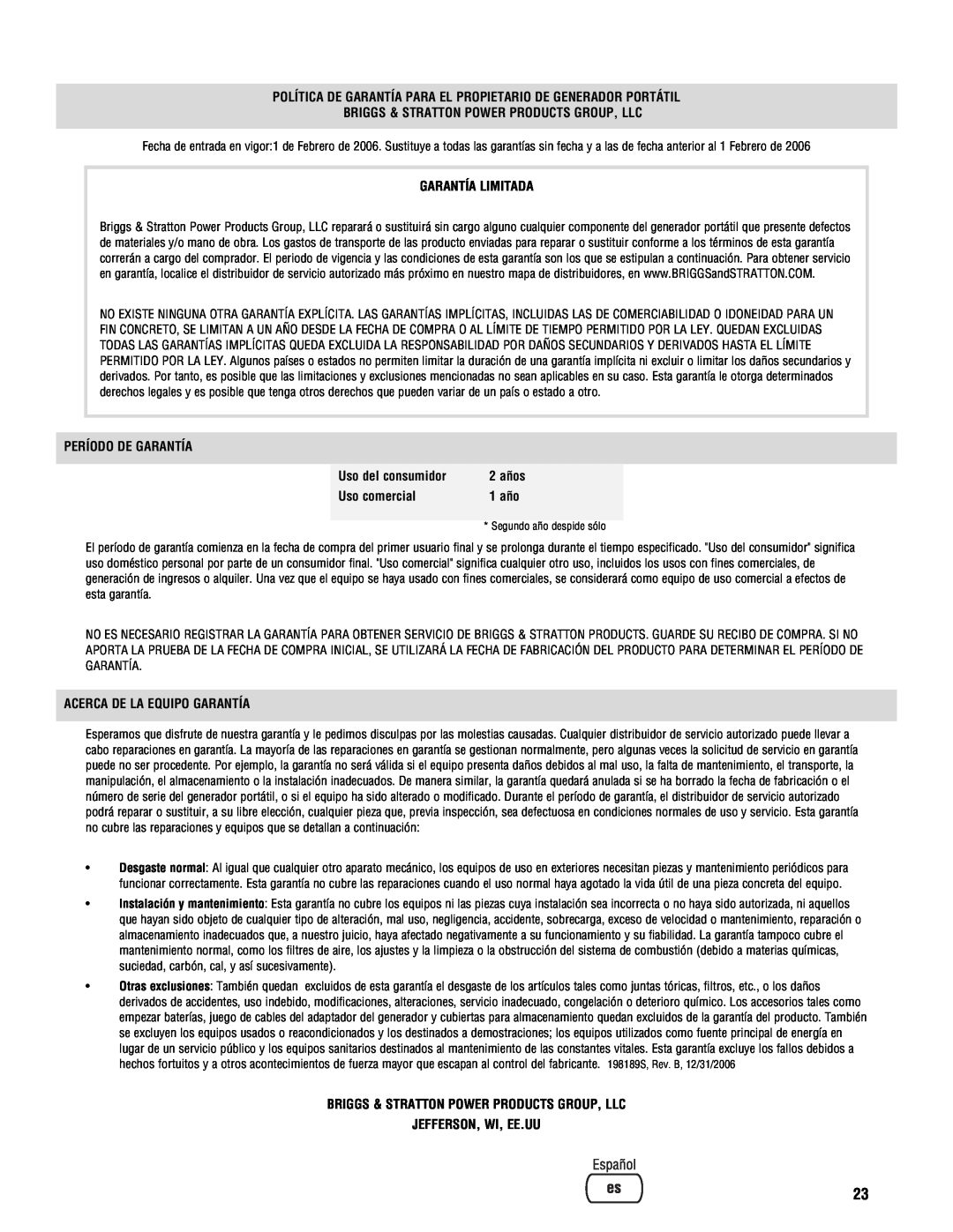 Briggs & Stratton 209443gs manual Política De Garantía Para El Propietario De Generador Portátil, Garantía Limitada, 1 año 