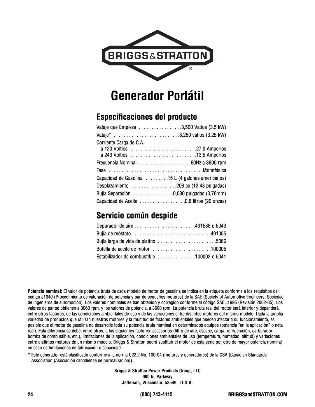 Briggs & Stratton 209443gs manual Especificaciones del producto, Servicio común despide, Generador Portátil 
