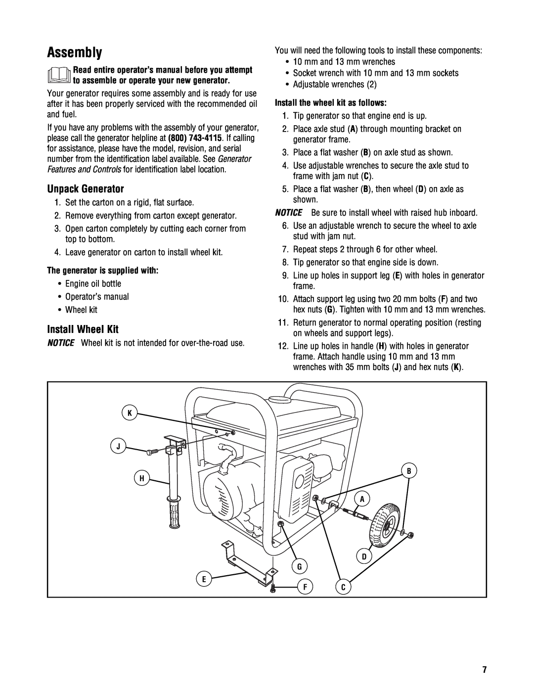 Briggs & Stratton 209443gs manual Assembly, Unpack Generator, Install Wheel Kit, Install the wheel kit as follows 