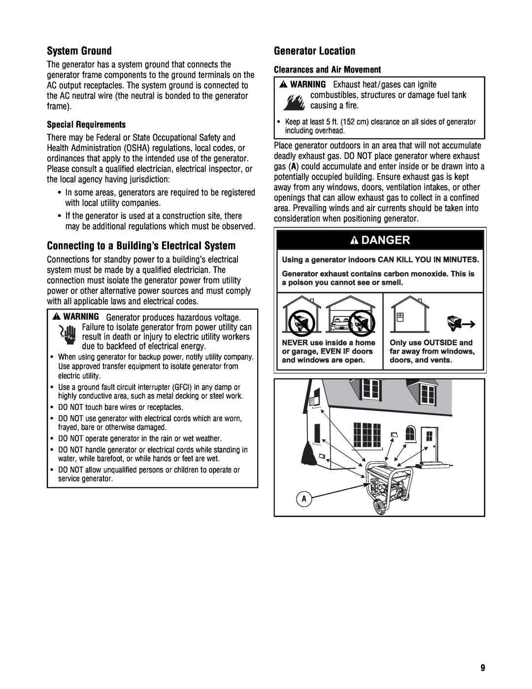 Briggs & Stratton 209443gs manual System Ground, Connecting to a Building’s Electrical System, Generator Location 
