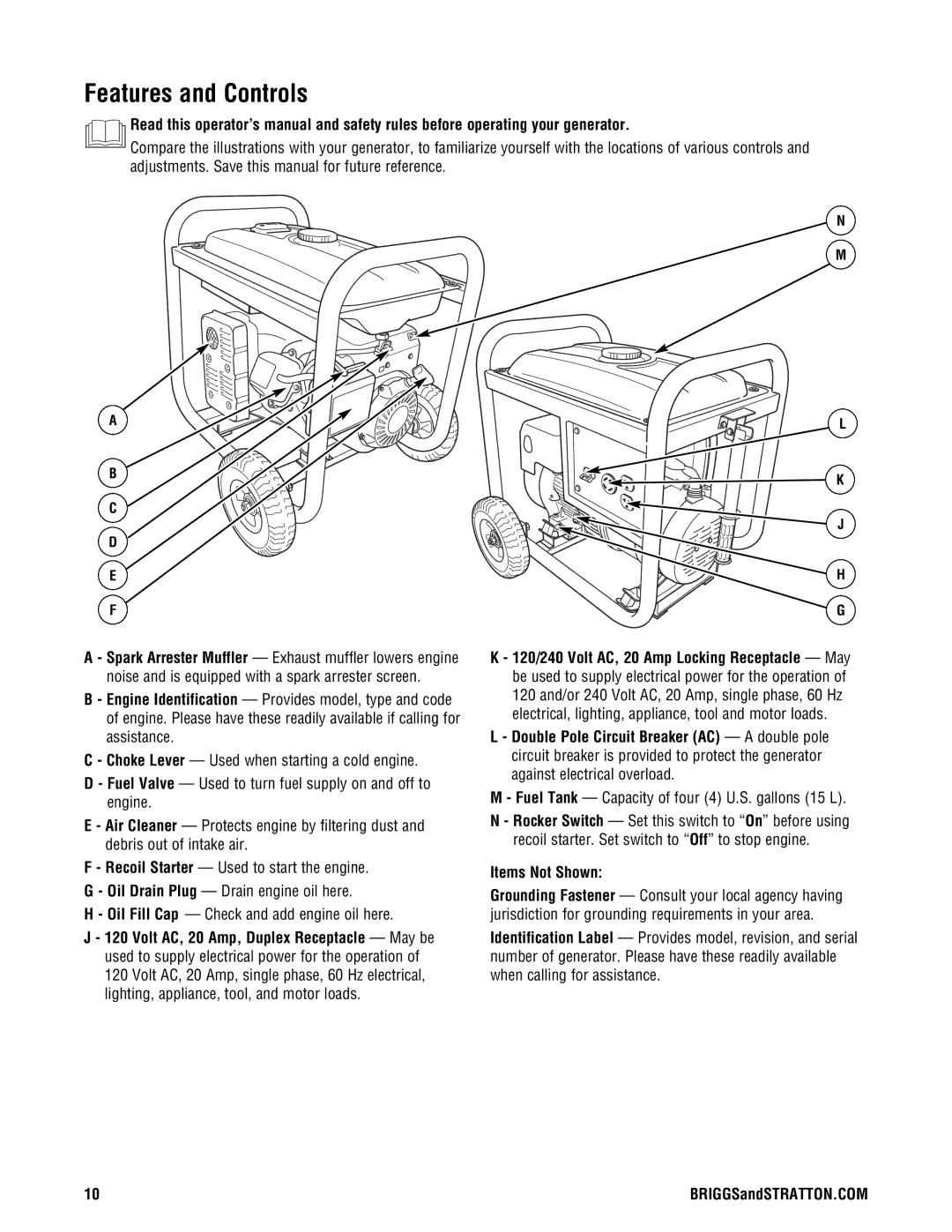 Briggs & Stratton 209443gs manual Features and Controls, Items Not Shown 