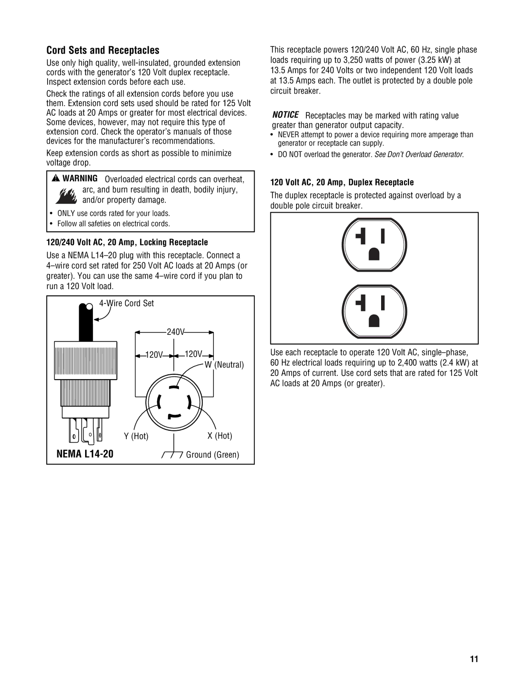 Briggs & Stratton 209443gs manual Cord Sets and Receptacles, Nema L14-20, 120/240 Volt AC, 20 Amp, Locking Receptacle 