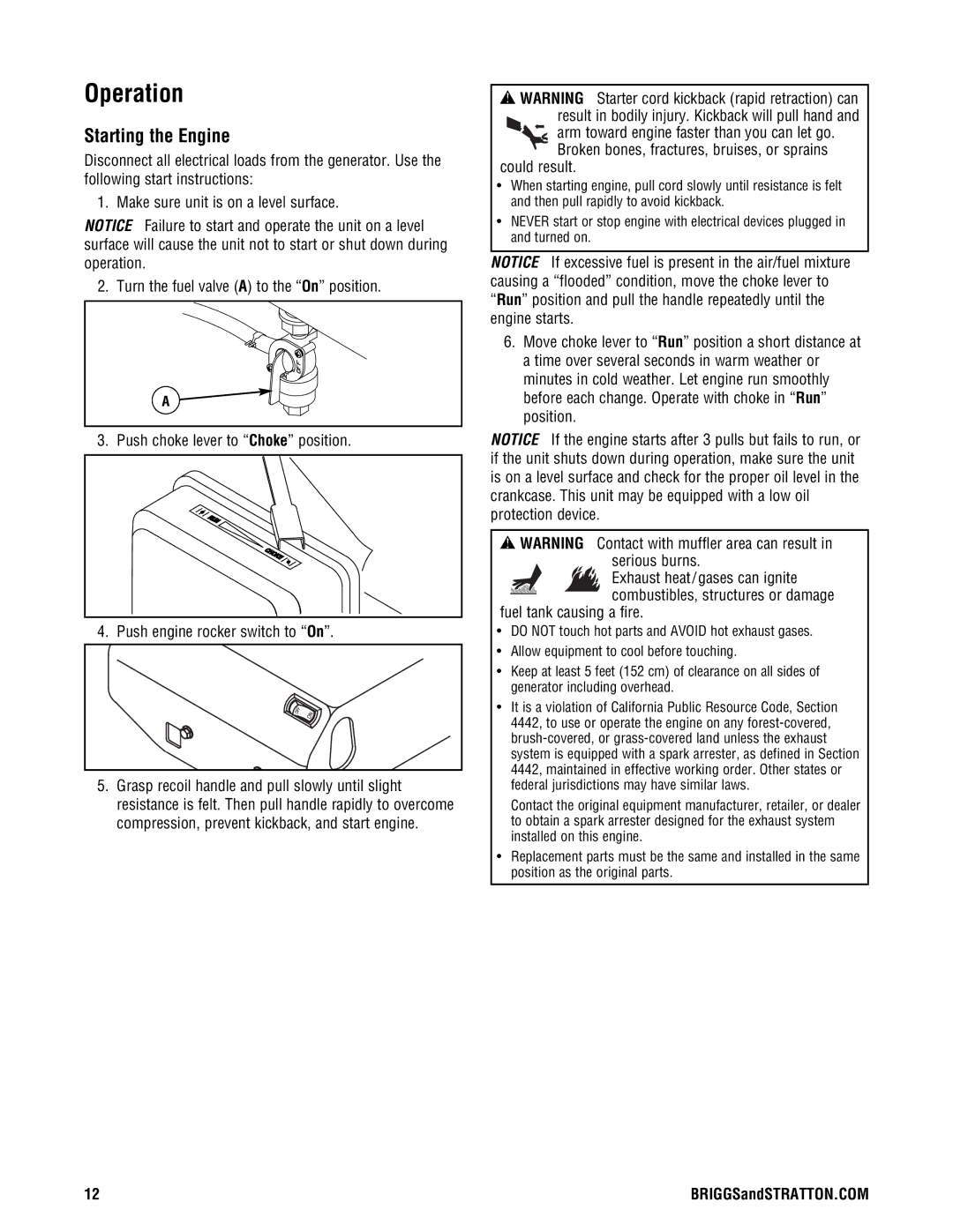 Briggs & Stratton 209443gs manual Operation, Starting the Engine 