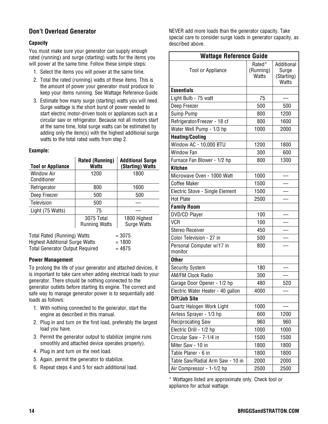 Briggs & Stratton 209443gs manual Don’t Overload Generator, Wattage Reference Guide 