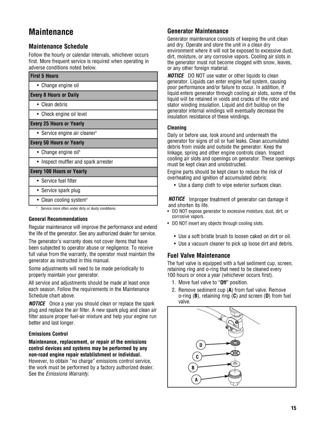 Briggs & Stratton 209443gs manual Maintenance Schedule, Generator Maintenance, Fuel Valve Maintenance 