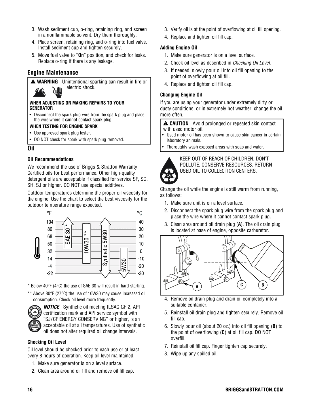 Briggs & Stratton 209443gs manual Engine Maintenance, Oil 