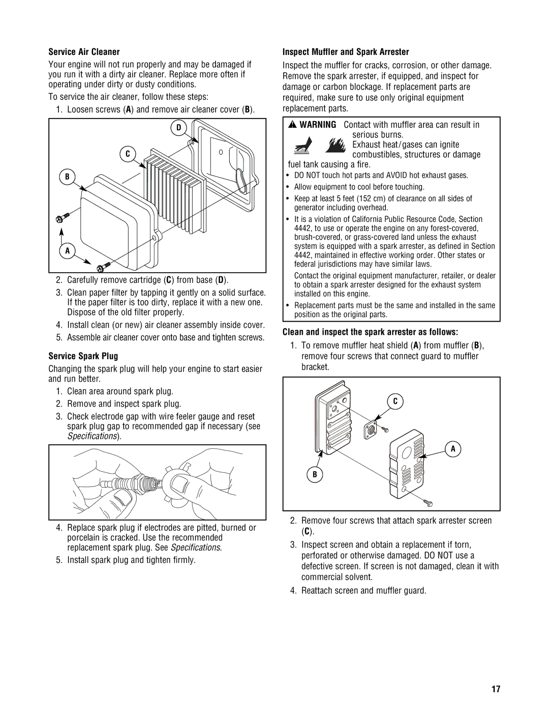 Briggs & Stratton 209443gs manual Service Air Cleaner, Service Spark Plug, Inspect Muffler and Spark Arrester 