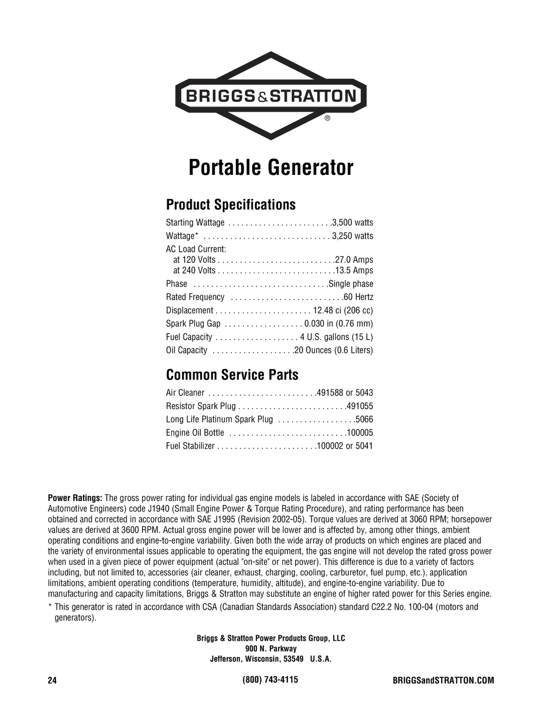 Briggs & Stratton 209443gs manual Product Specifications, Common Service Parts, 800 