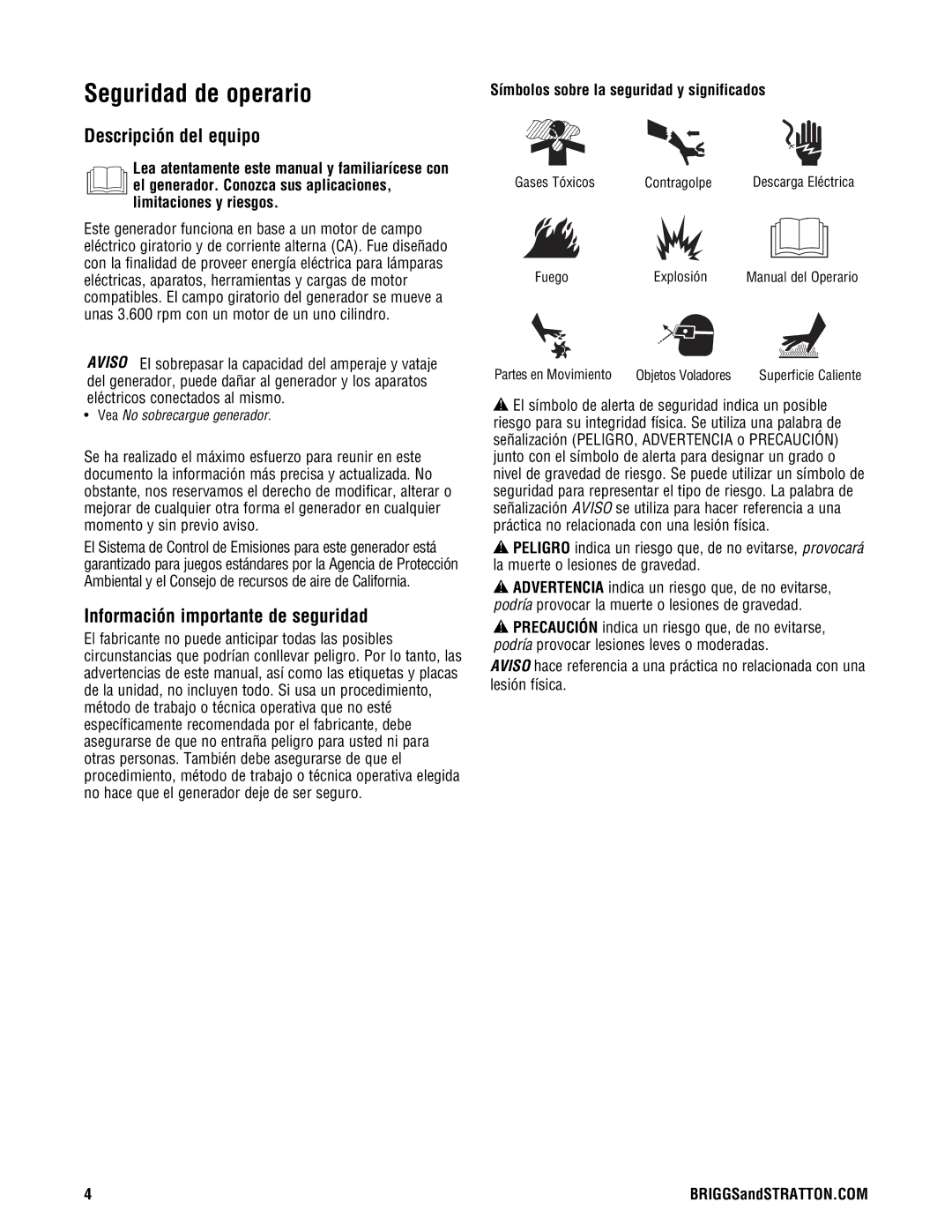 Briggs & Stratton 209443gs manual Seguridad de operario, Descripción del equipo, Información importante de seguridad 