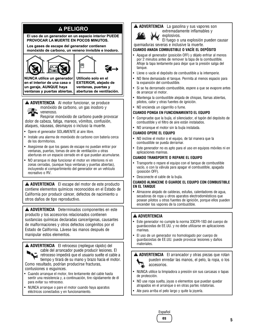 Briggs & Stratton 209443gs manual Cuando Anada Combustible O Vacíe EL Depósito, Cuando Ponga EN Funcionamiento EL Equipo 