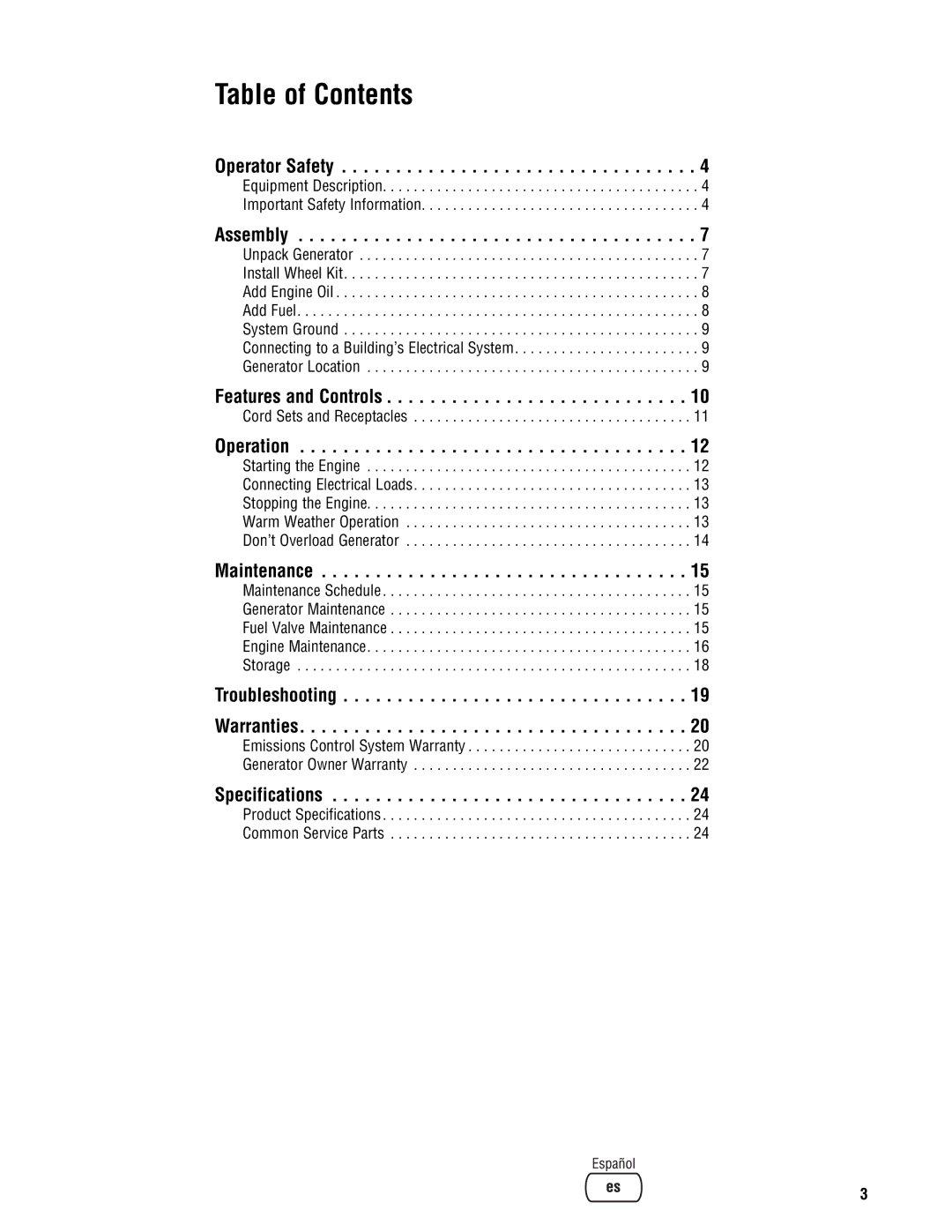 Briggs & Stratton 209443gs manual Table of Contents 