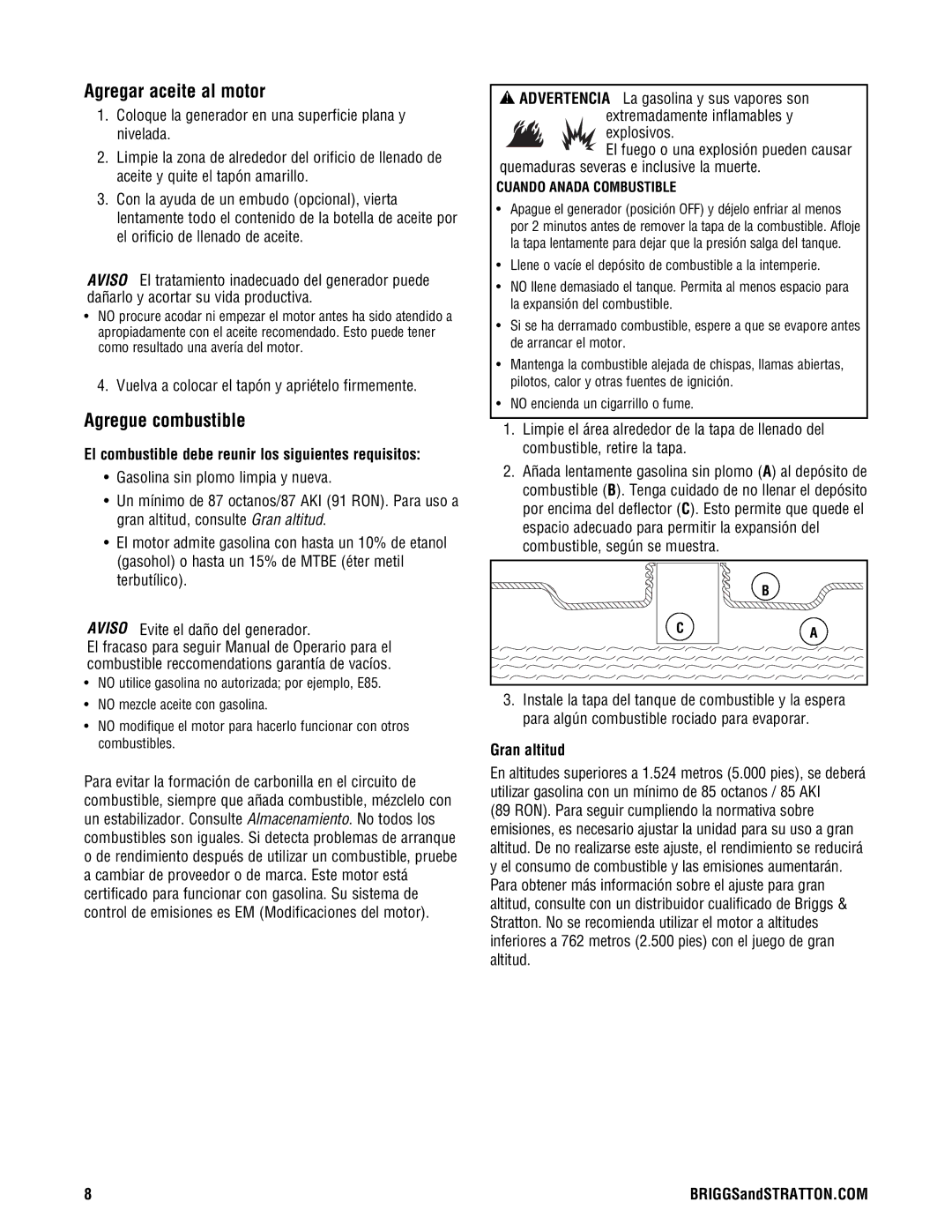 Briggs & Stratton 209443gs manual Agregar aceite al motor, Agregue combustible, Gran altitud, Cuando Anada Combustible 