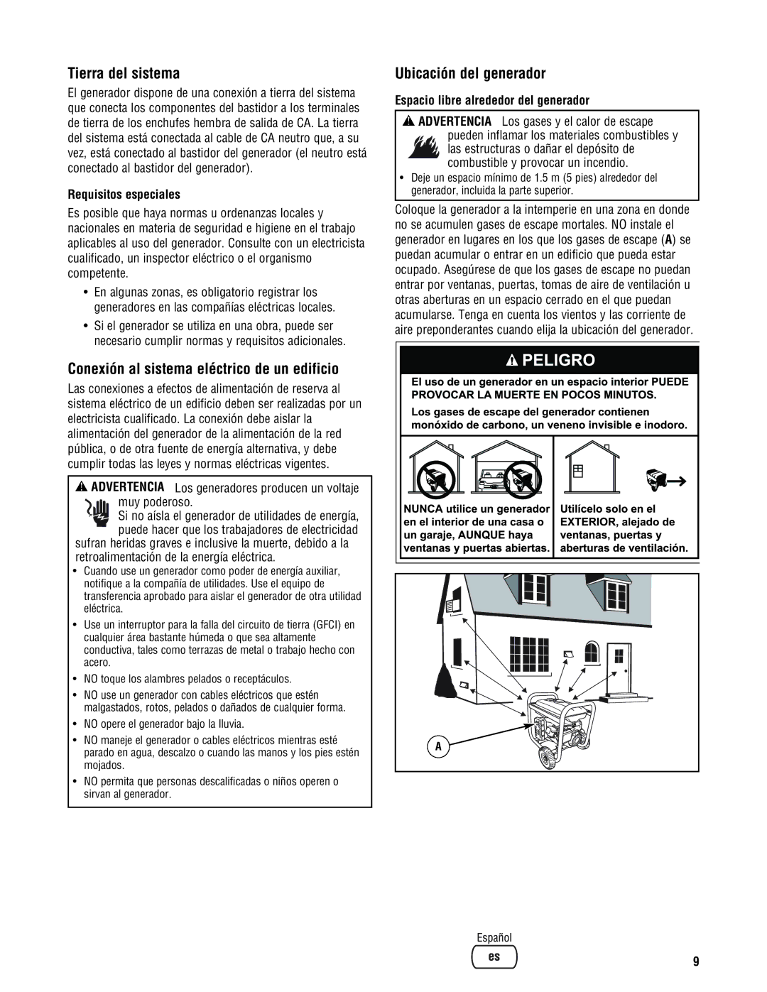 Briggs & Stratton 209443gs manual Tierra del sistema, Conexión al sistema eléctrico de un edificio, Ubicación del generador 