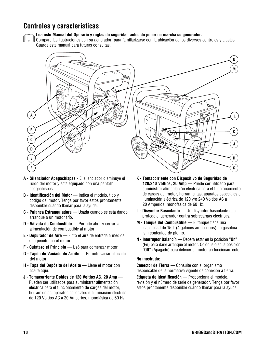 Briggs & Stratton 209443gs manual Controles y características, No mostrado 