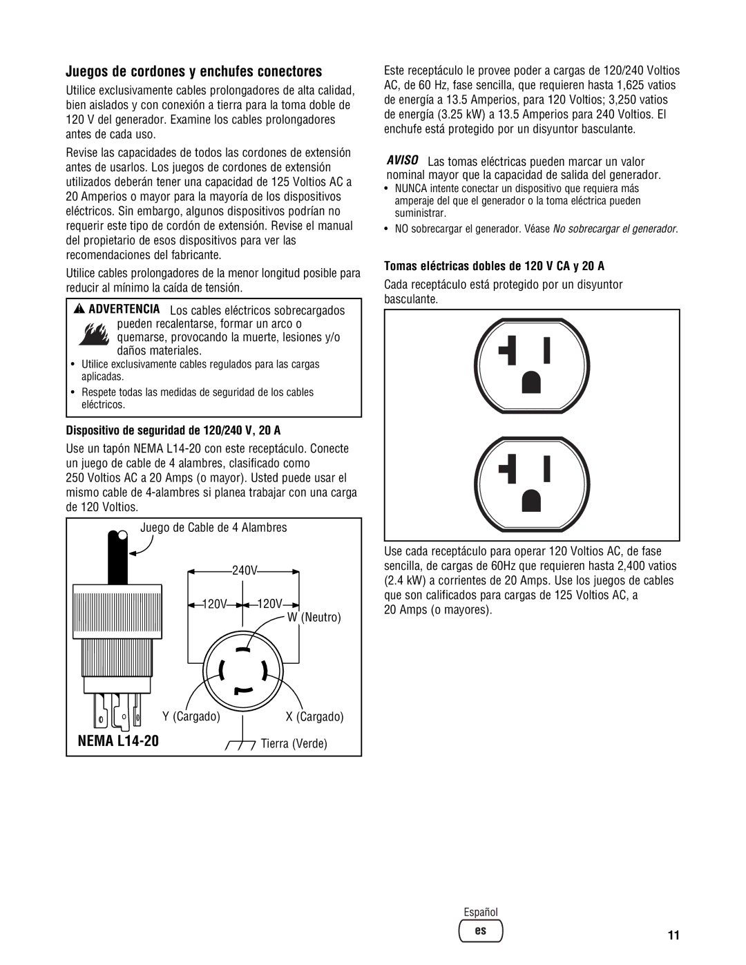 Briggs & Stratton 209443gs manual Juegos de cordones y enchufes conectores, Dispositivo de seguridad de 120/240 V, 20 a 