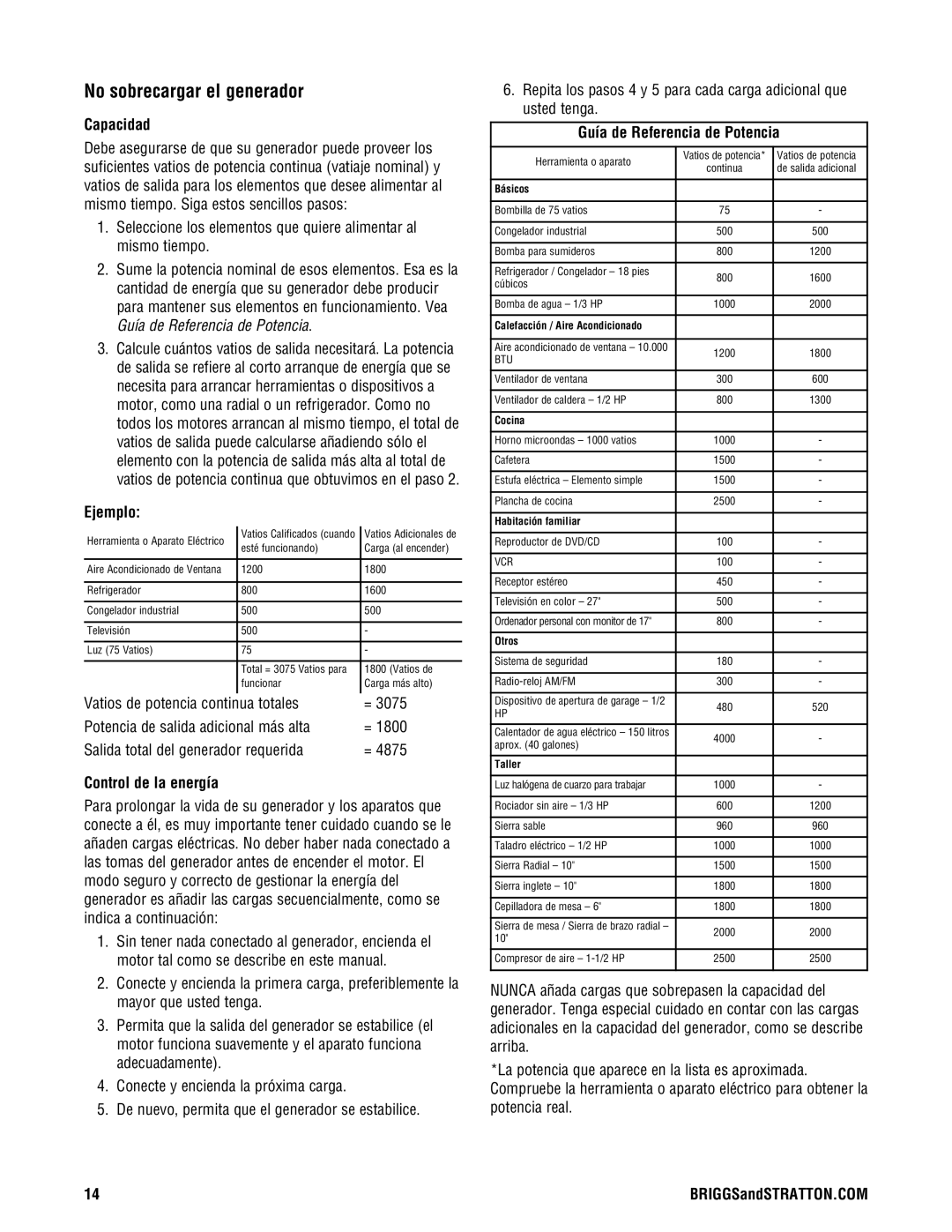 Briggs & Stratton 209443gs manual No sobrecargar el generador, Capacidad, Ejemplo, Control de la energía 