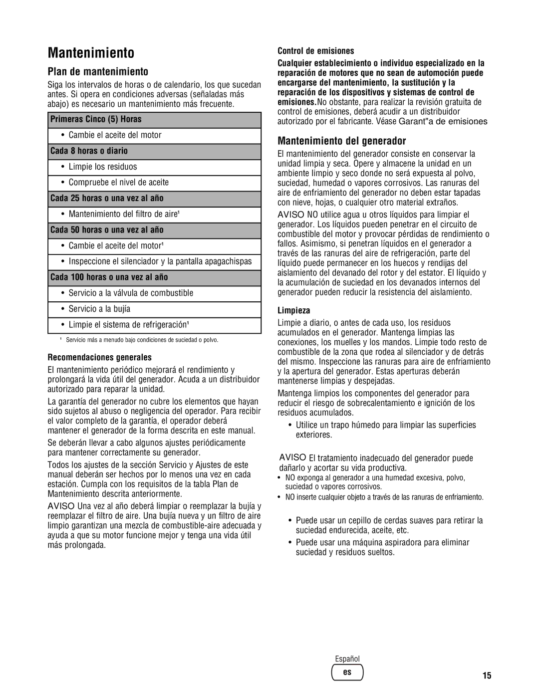 Briggs & Stratton 209443gs manual Plan de mantenimiento, Mantenimiento del generador 