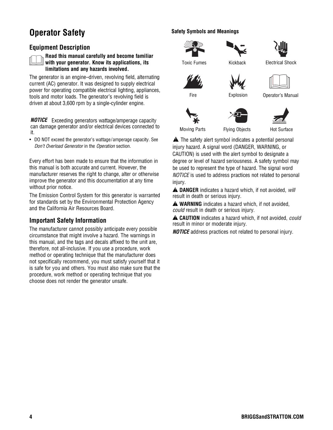 Briggs & Stratton 209443gs manual Operator Safety, Equipment Description, Important Safety Information 