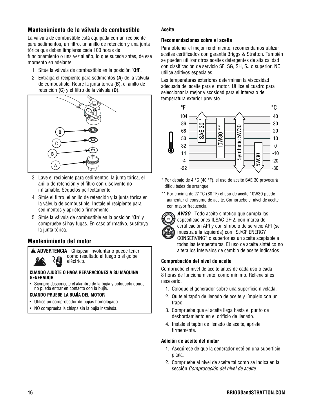 Briggs & Stratton 209443gs manual Mantenimiento de la válvula de combustible, Mantenimiento del motor 