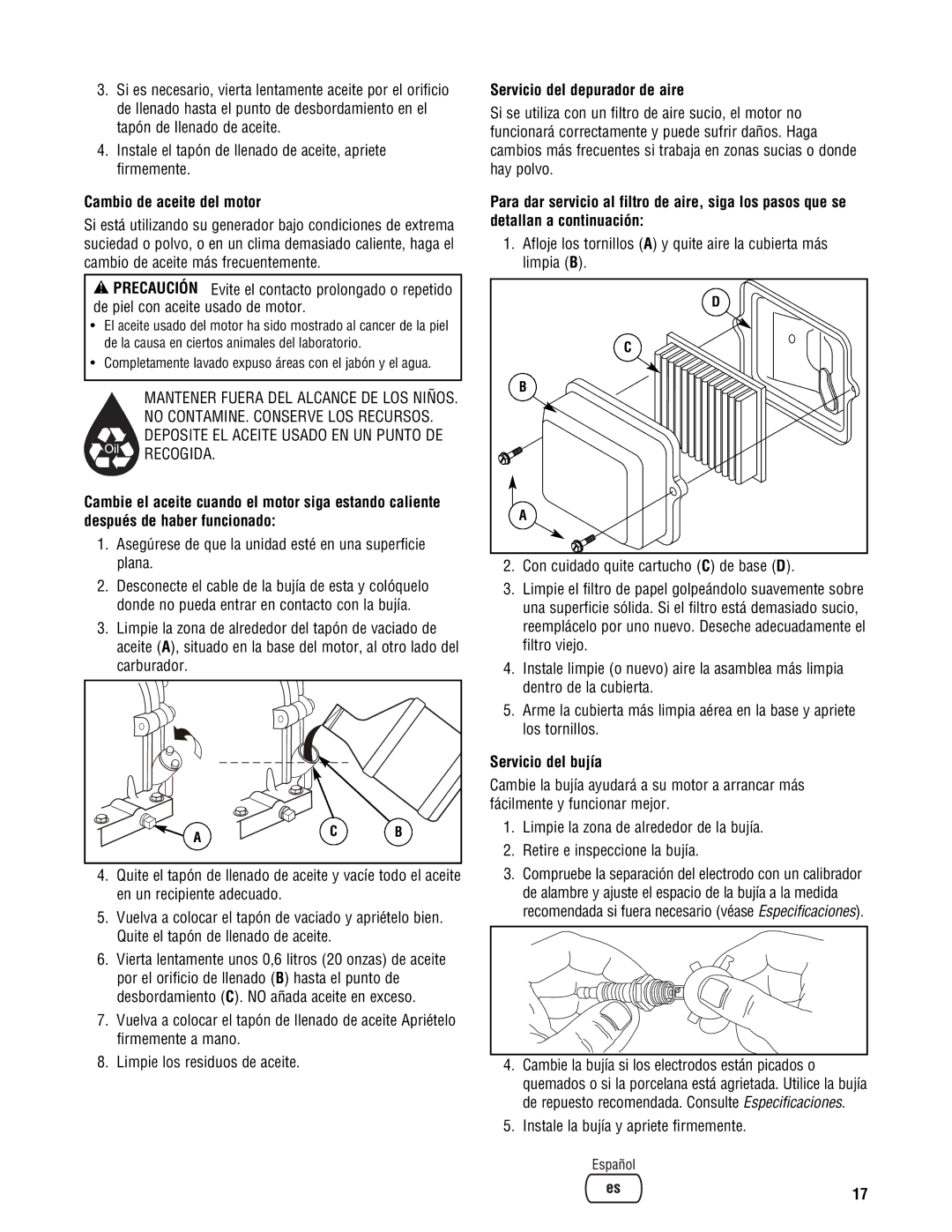 Briggs & Stratton 209443gs manual Cambio de aceite del motor, Servicio del depurador de aire, Servicio del bujía 