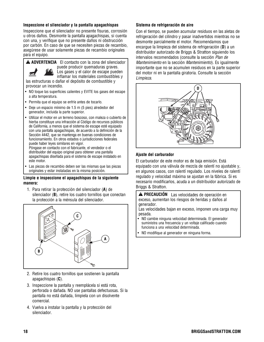 Briggs & Stratton 209443gs manual Inspeccione el silenciador y la pantalla apagachispas, Sistema de refrigeración de aire 