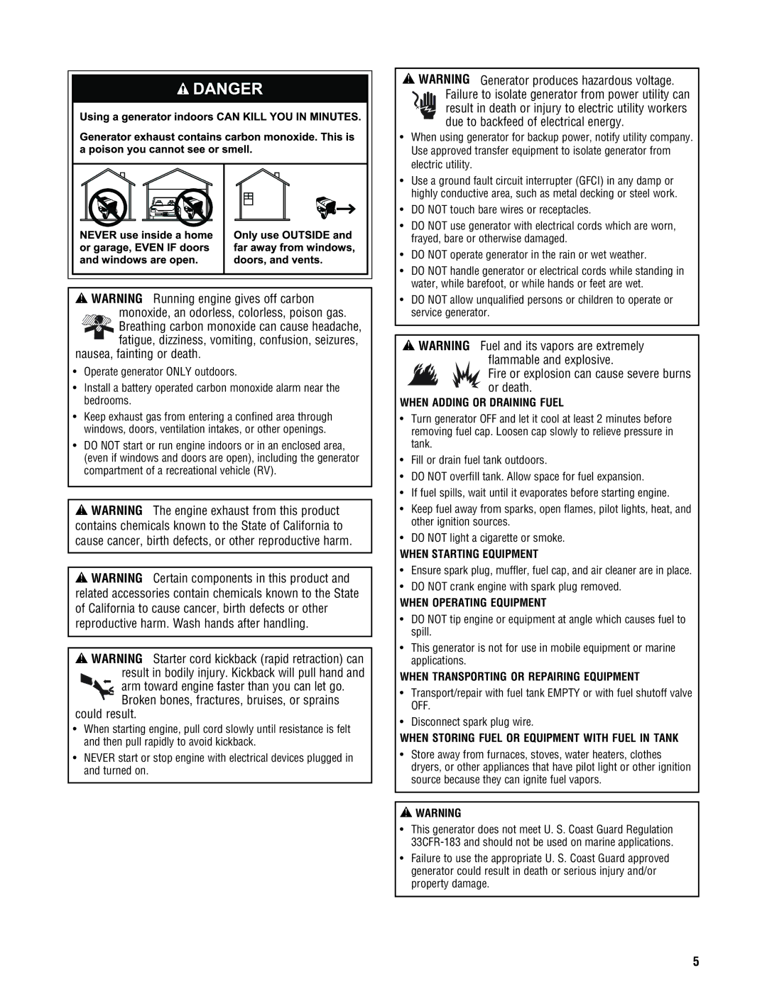 Briggs & Stratton 209443gs manual When Adding or Draining Fuel, When Starting Equipment, When Operating Equipment 