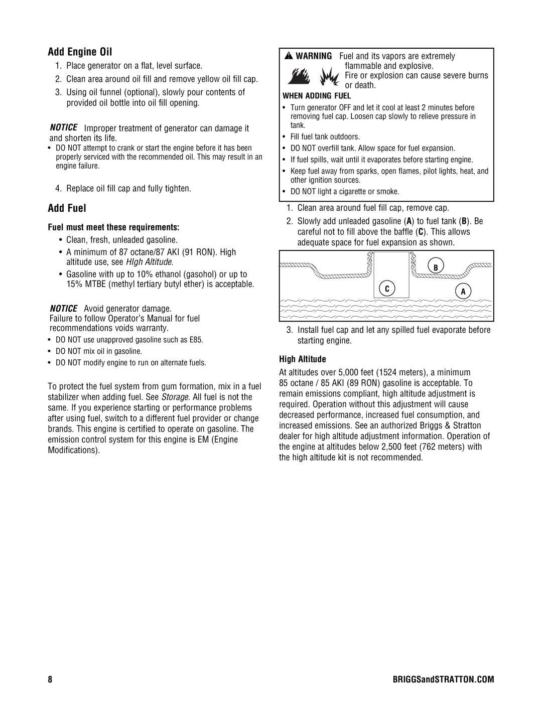 Briggs & Stratton 209443gs Add Engine Oil, Add Fuel, Fuel must meet these requirements, High Altitude, When Adding Fuel 