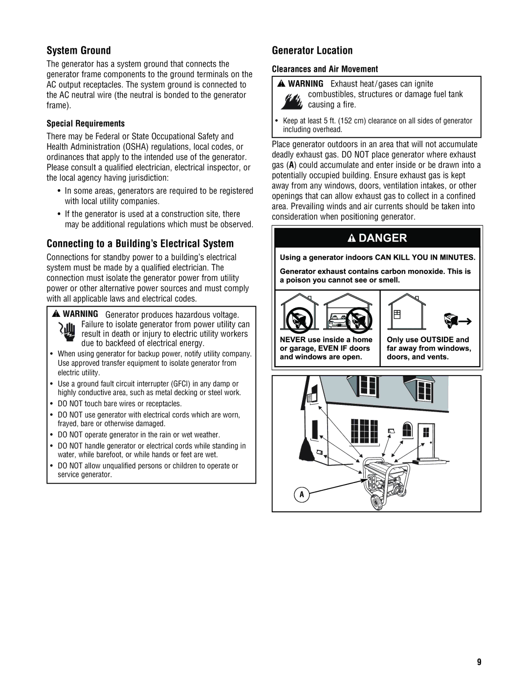 Briggs & Stratton 209443gs manual System Ground, Connecting to a Building’s Electrical System, Generator Location 