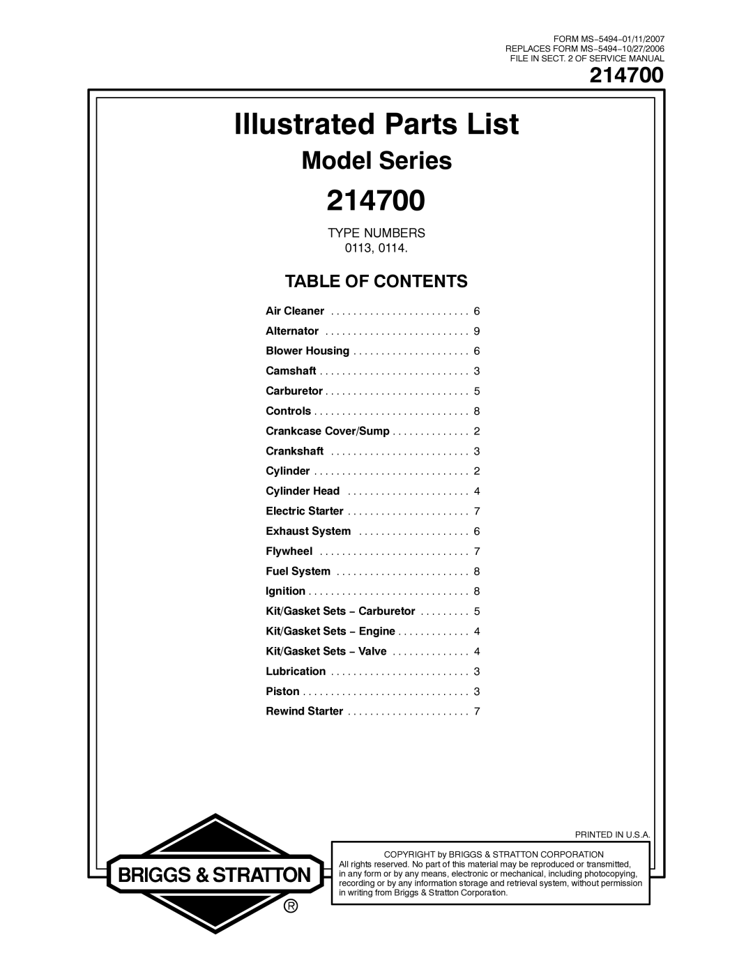 Briggs & Stratton 214700 service manual Illustrated Parts List 