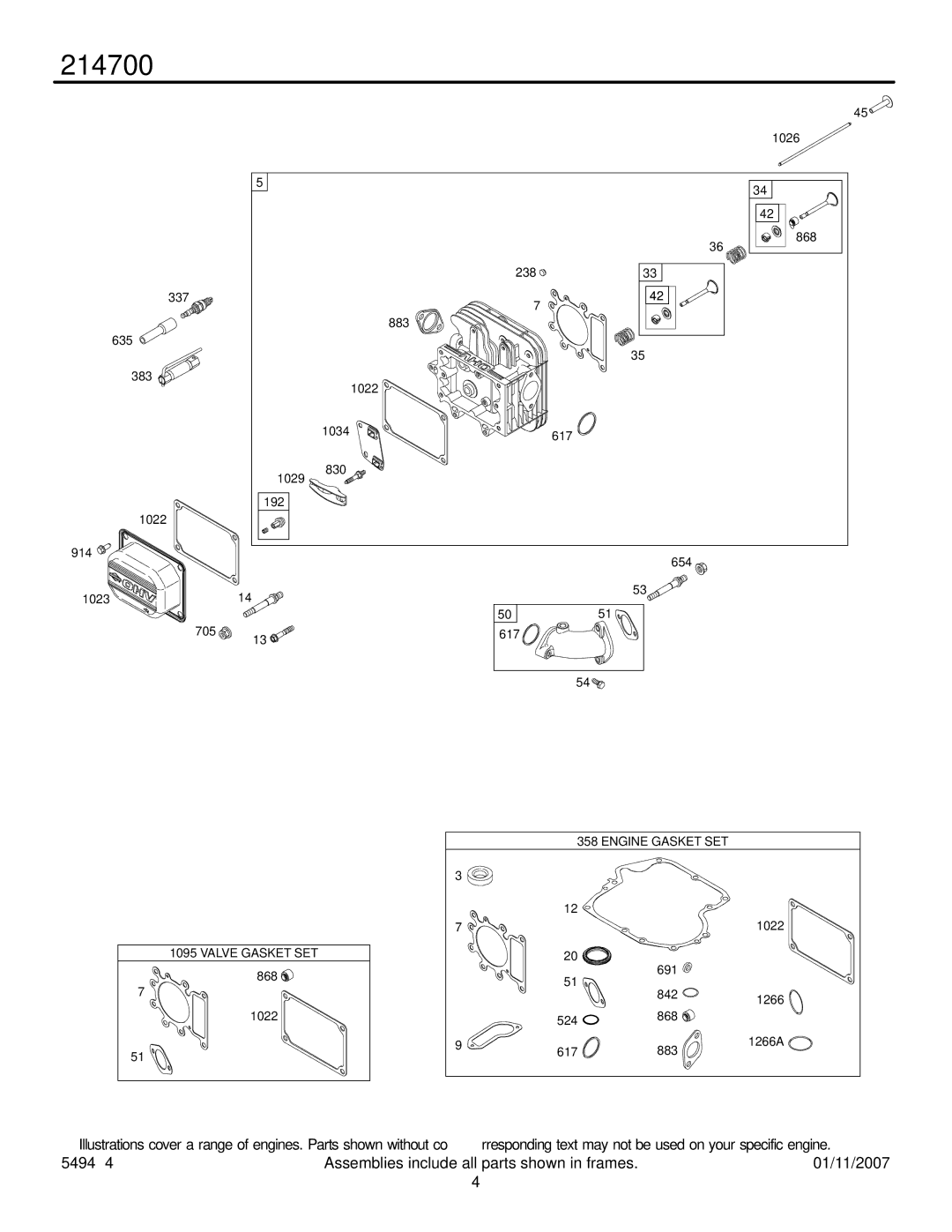 Briggs & Stratton 214700 service manual Valve Gasket SET 