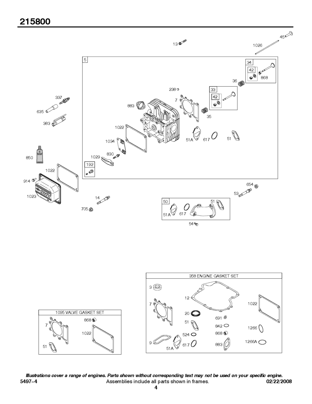 Briggs & Stratton 215800 service manual Valve Gasket SET 