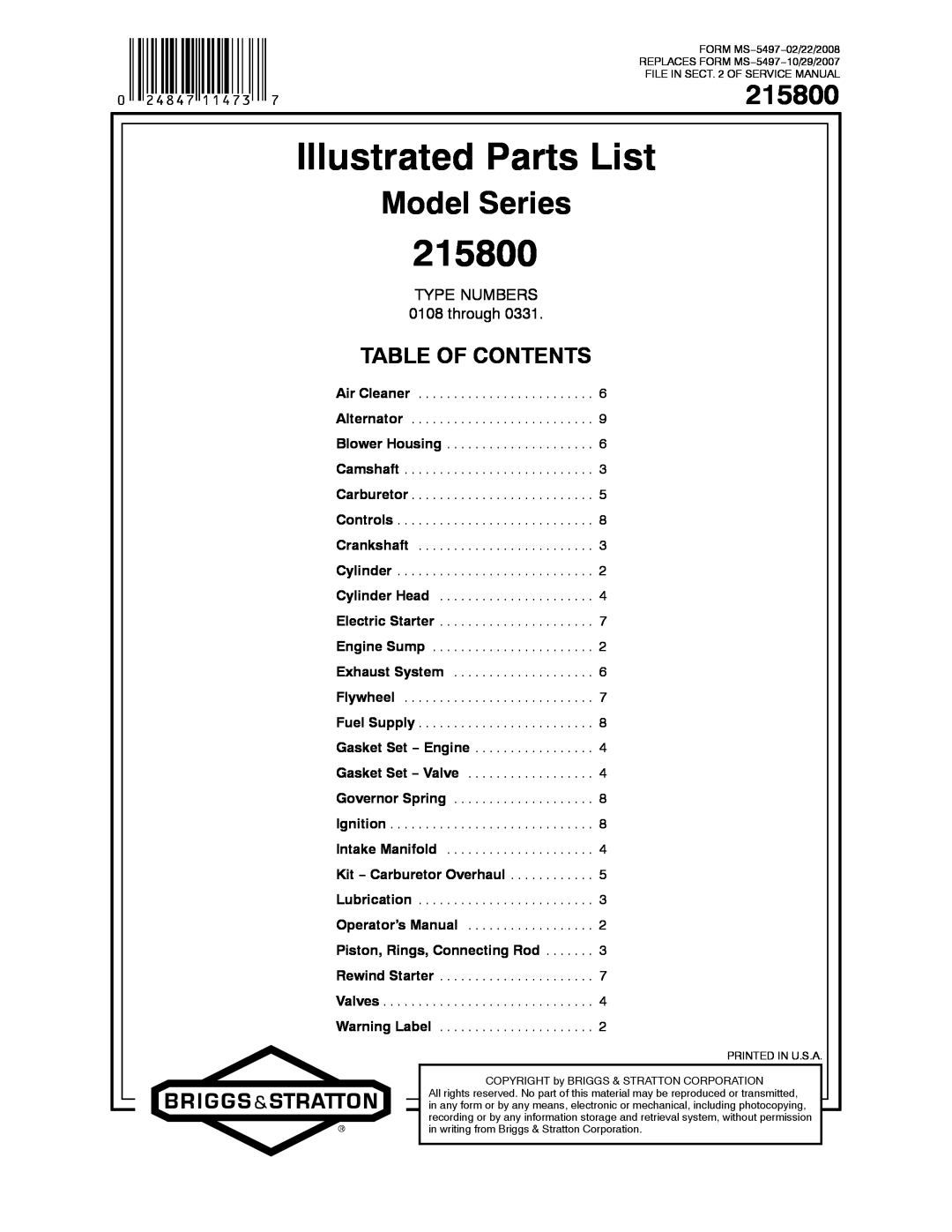 Briggs & Stratton 215800 service manual Model Series, Illustrated Parts List, Table Of Contents, TYPE NUMBERS 0108 through 