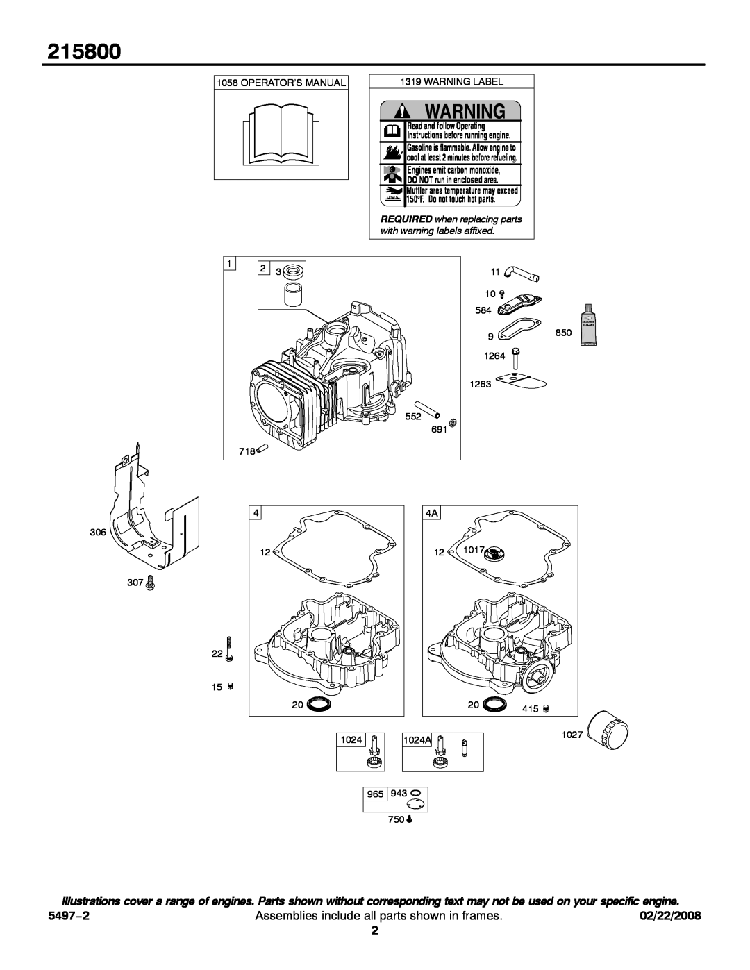 Briggs & Stratton 215800 service manual 5497−2, Assemblies include all parts shown in frames, 02/22/2008 