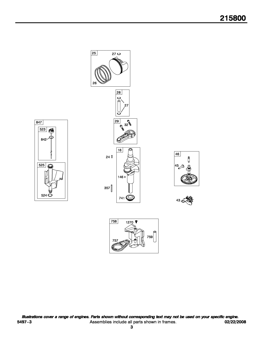 Briggs & Stratton 215800 service manual 5497−3, Assemblies include all parts shown in frames, 02/22/2008 