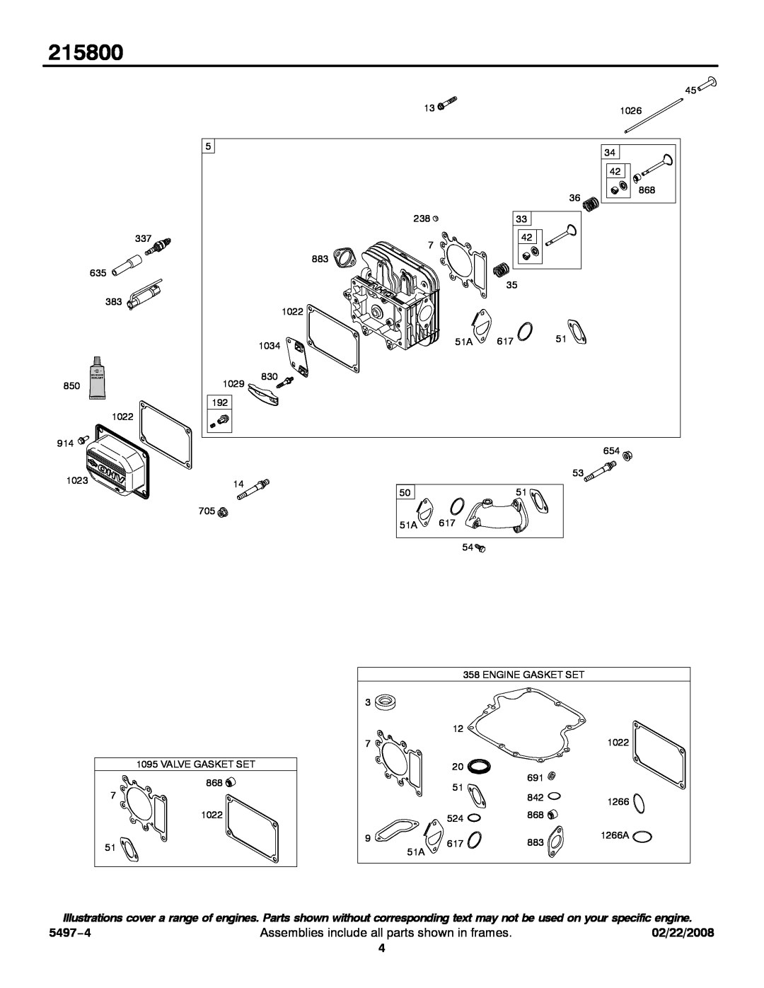 Briggs & Stratton 215800 service manual 5497−4, Assemblies include all parts shown in frames, 02/22/2008 