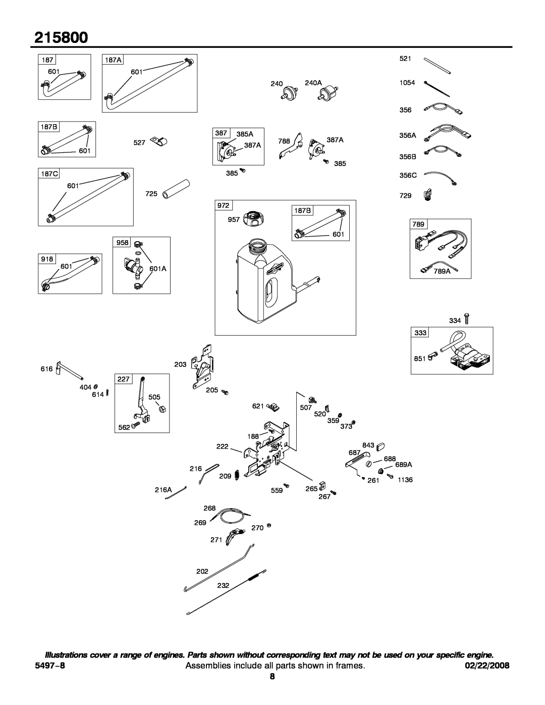 Briggs & Stratton 215800 service manual 5497−8, Assemblies include all parts shown in frames 