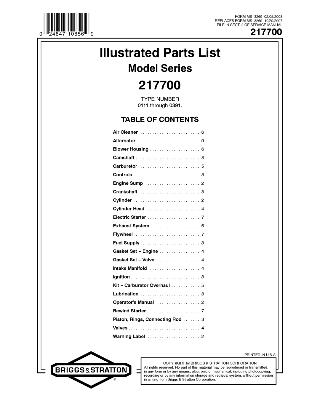 Briggs & Stratton 217700 service manual Illustrated Parts List 