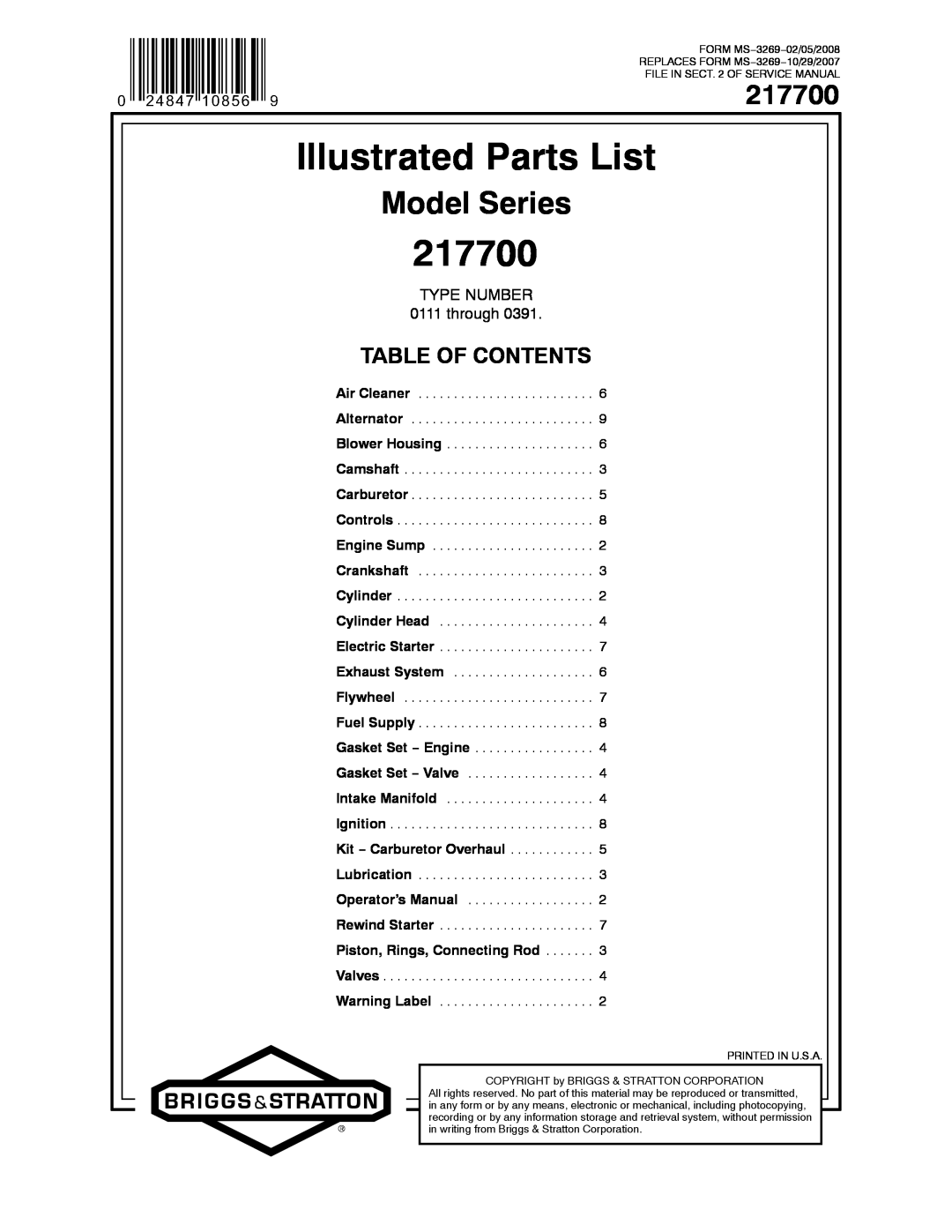Briggs & Stratton 217700 service manual Model Series, Illustrated Parts List, Table Of Contents, TYPE NUMBER 0111 through 