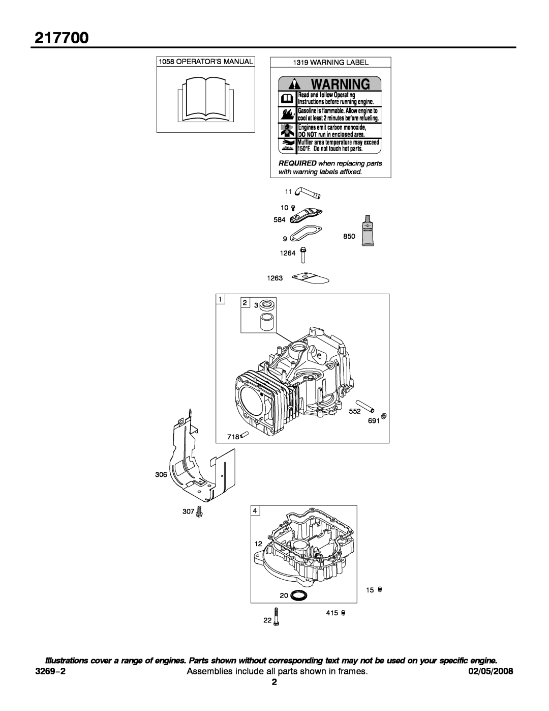 Briggs & Stratton 217700 service manual 3269−2, Assemblies include all parts shown in frames, 02/05/2008 