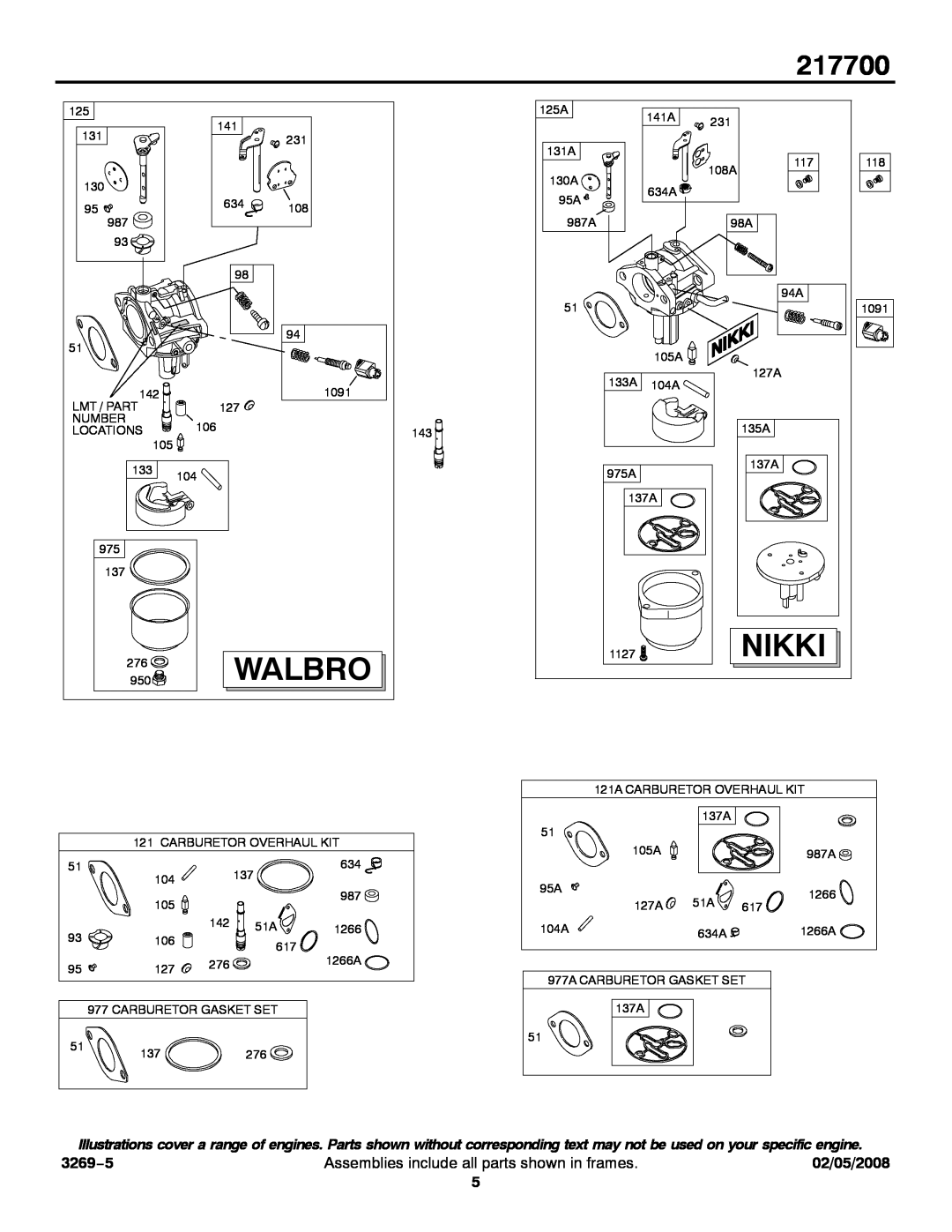 Briggs & Stratton 217700 service manual Walbro, Nikki, 3269−5, Assemblies include all parts shown in frames, 02/05/2008 