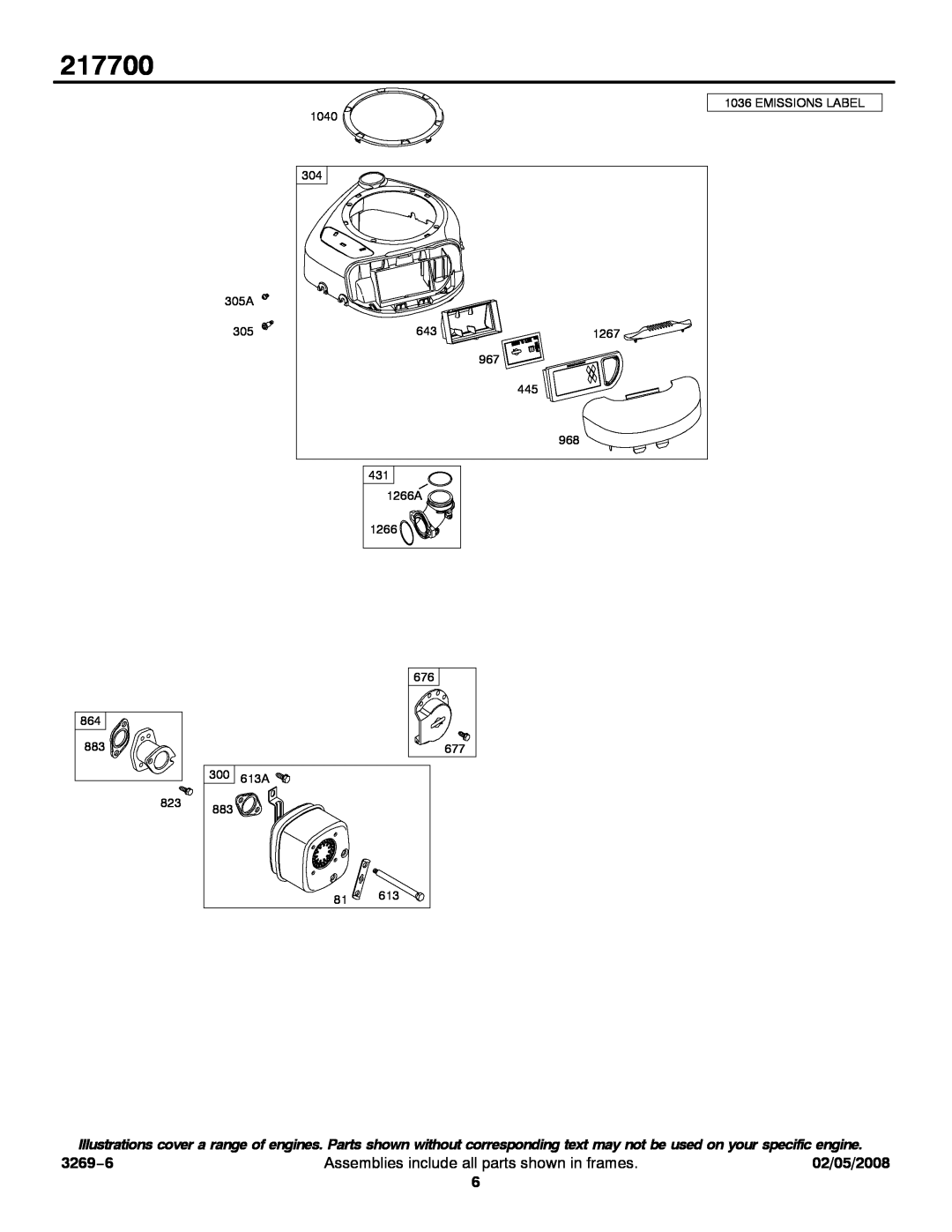 Briggs & Stratton 217700 service manual 3269−6, Assemblies include all parts shown in frames, 02/05/2008 