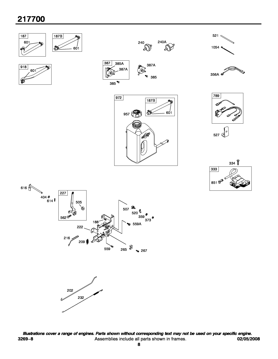 Briggs & Stratton 217700 service manual 3269−8, Assemblies include all parts shown in frames, 02/05/2008 