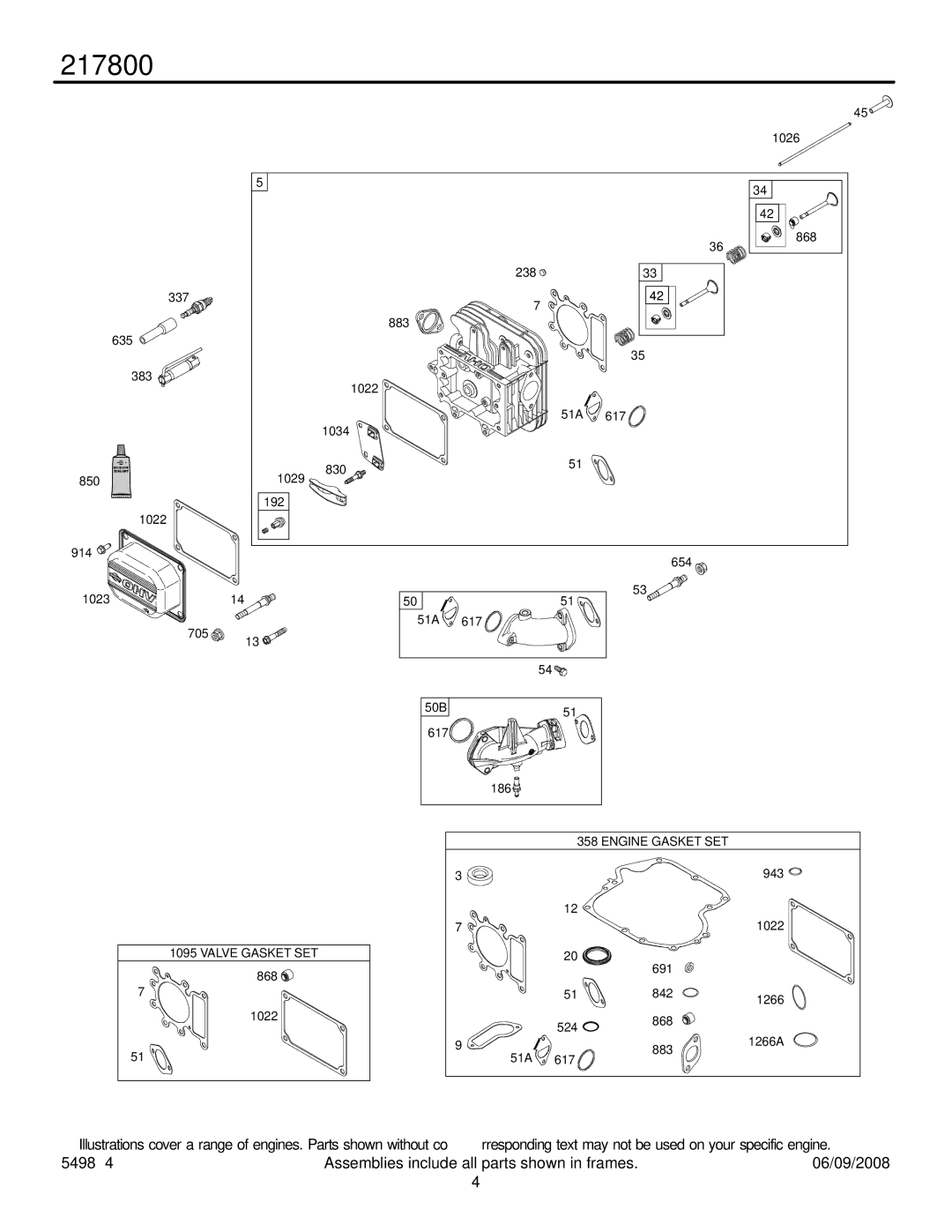 Briggs & Stratton 217800 service manual Valve Gasket SET 