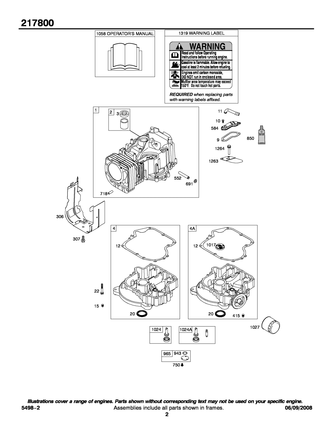 Briggs & Stratton 217800 service manual 5498−2, Assemblies include all parts shown in frames, 06/09/2008 