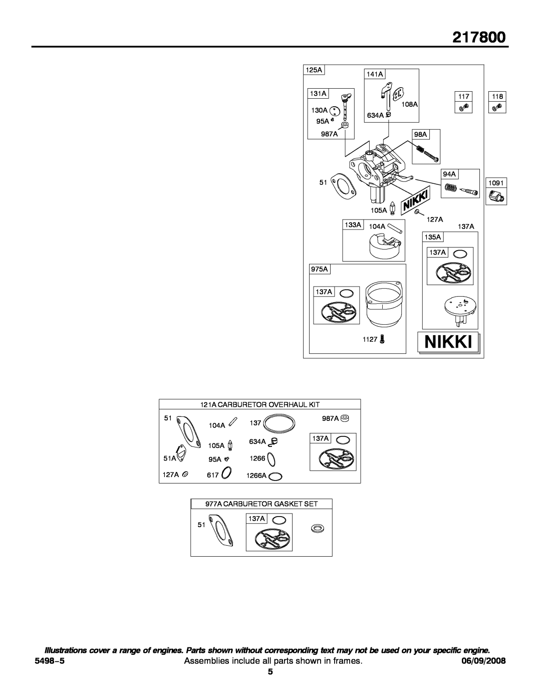 Briggs & Stratton 217800 service manual Nikki, 5498−5, Assemblies include all parts shown in frames, 06/09/2008 